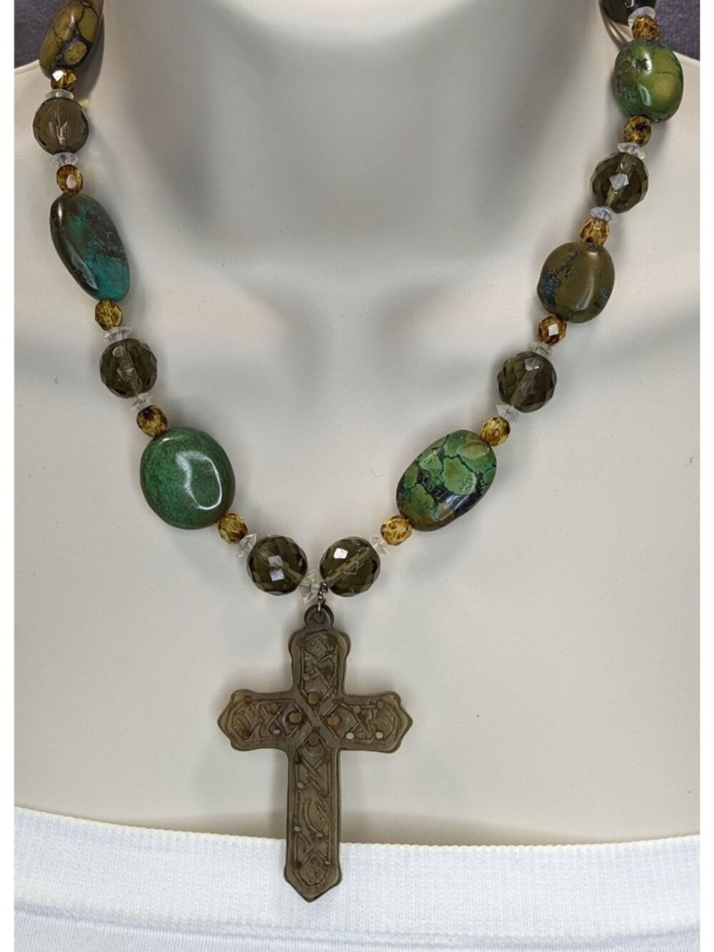 Vintage Handmade Cross Pendant Necklace Green Stone Beaded Sterling Silver Clasp